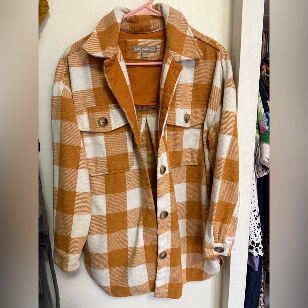 Cozy Plaid Shirt Jacket in Orange and White